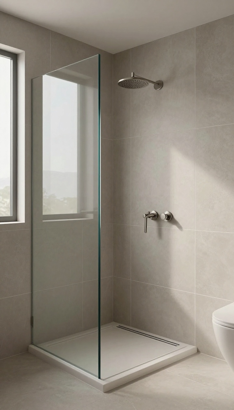 Bright walk-in shower with large-format porcelain tiles and minimal grout lines for a seamless spa-like look
