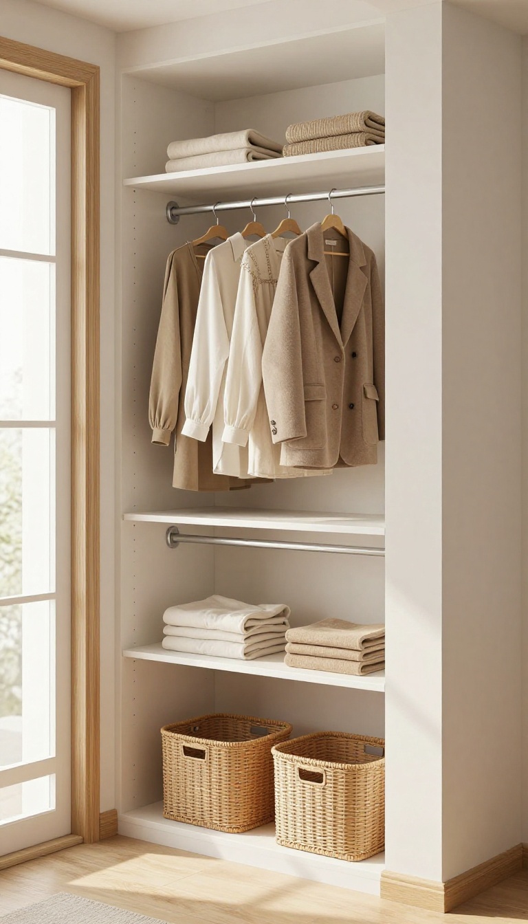 Narrow reach-in bedroom closet with double hanging rods, adjustable shelves, and woven pull-out baskets in bright natural light