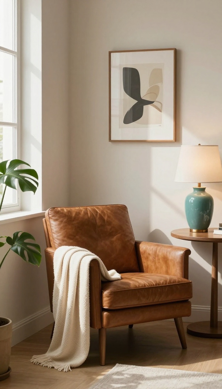 Cozy reading nook with a brown leather armchair, teal table lamp on a small side table, throw blanket, floor plant, and natural window light in a warm modern living room corner