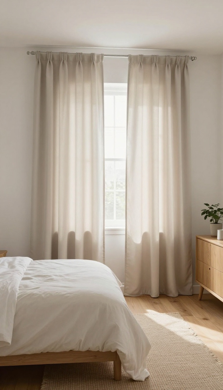 Bright bedroom with floor-to-ceiling thermal blackout curtains hung close to the ceiling on a wrap-around rod, sealing the window for insulation and energy savings