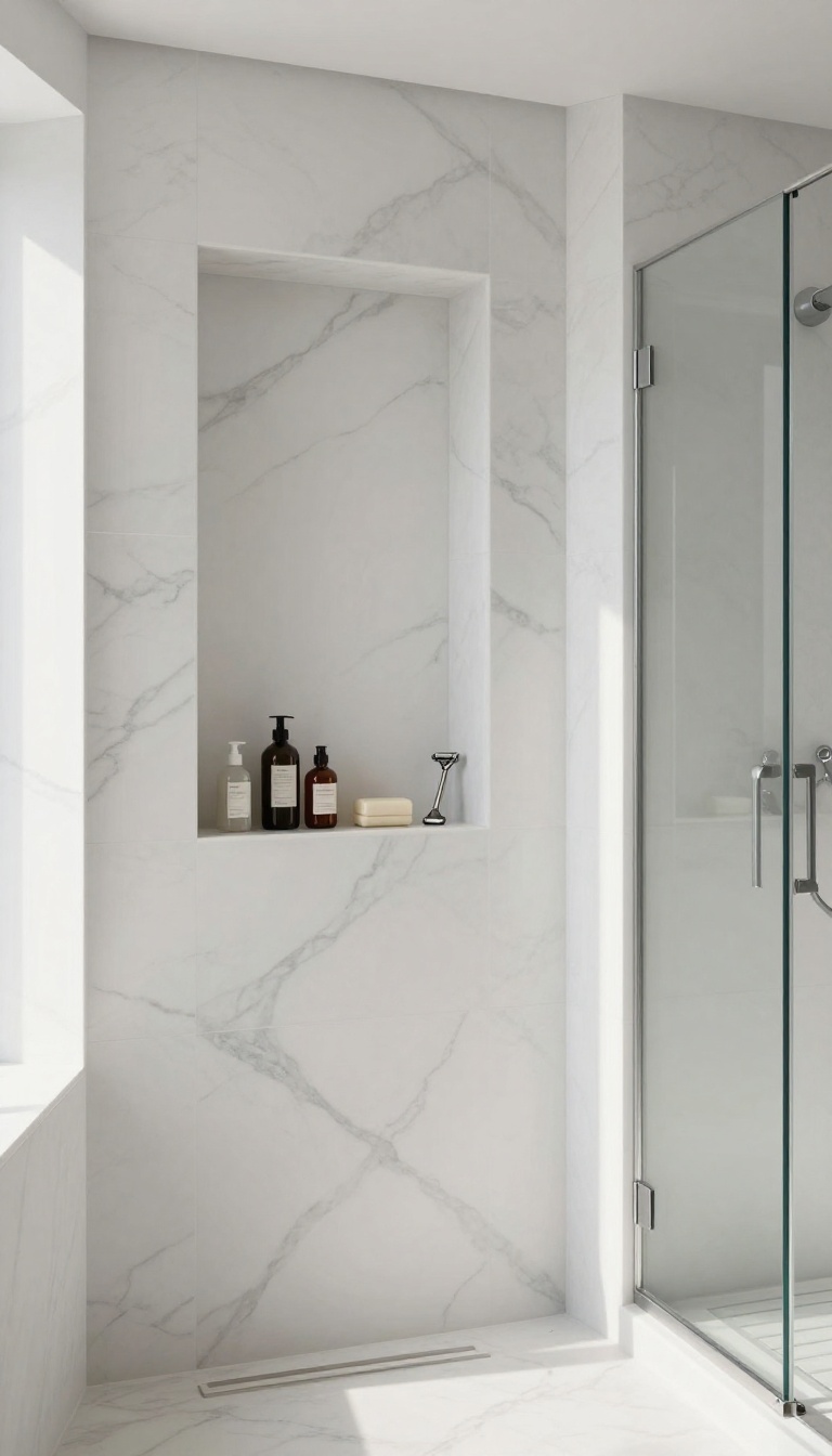 Walk-in shower with a marble-lined recessed niche holding shampoo and soap bottles