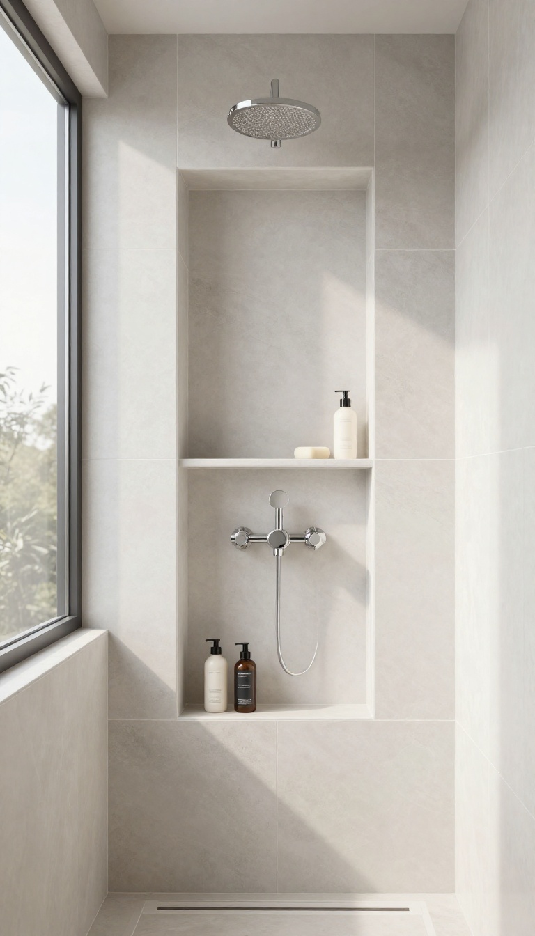 Modern tiled shower niche with a smaller nested pocket inside holding soap and a small bottle, with tall shampoo bottles on the main shelf in bright natural light