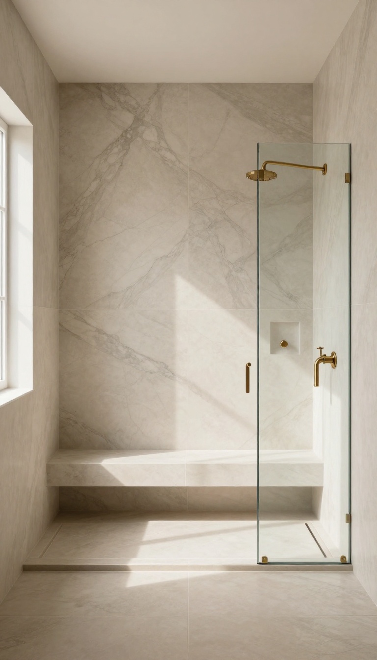Walk-in tiled shower with a full-height marble-look feature wall reaching from floor to ceiling, framed by quiet neutral tile and brass fixtures in bright natural light