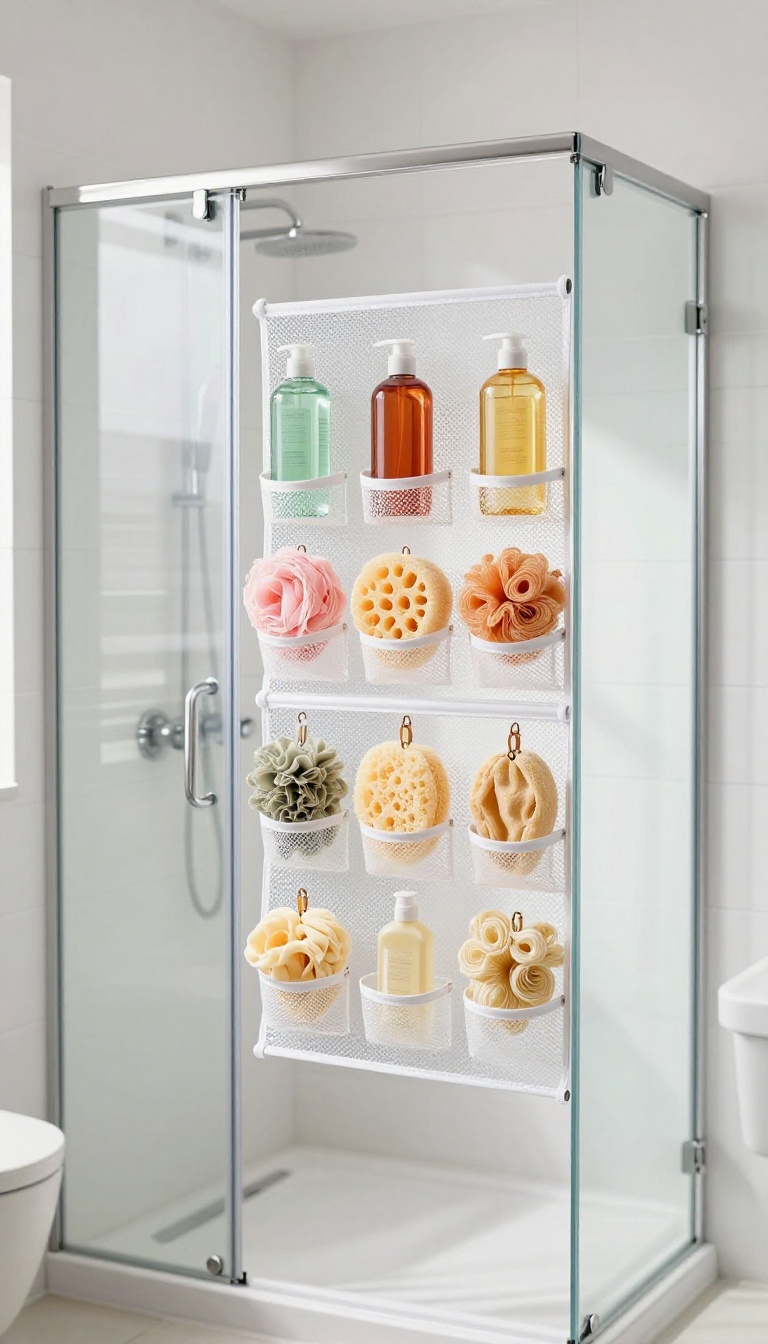 Over-the-door mesh organizer on a glass shower door holding bathroom essentials