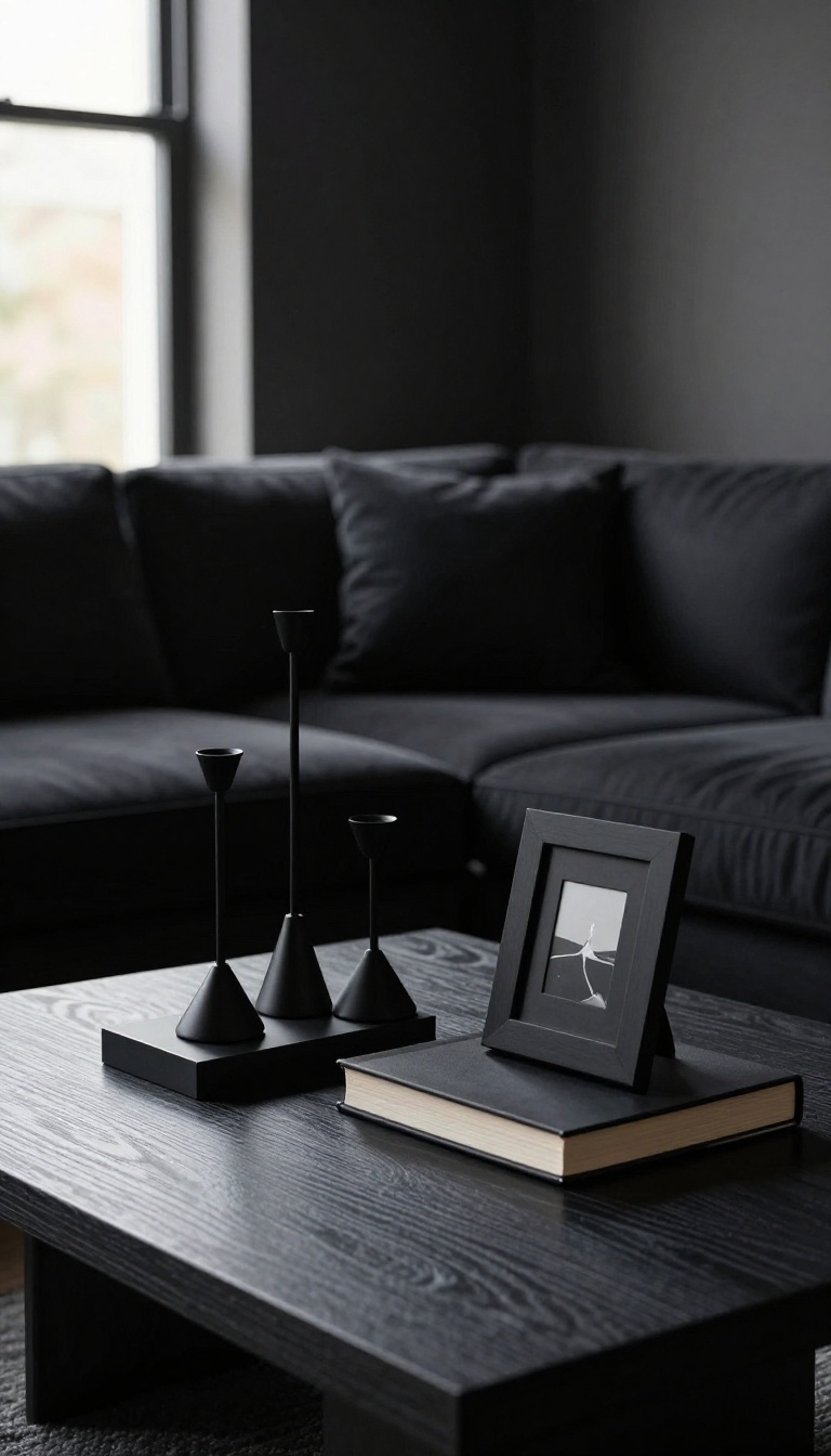 Matte black candle holders, bookends, and a picture frame arranged on a dark coffee table in a modern black living room with natural light.