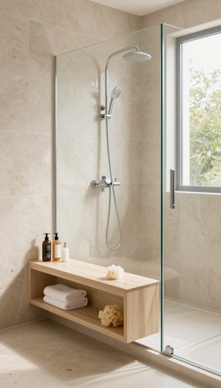 Modern master bathroom shower with a floating teak bench seat, built-in storage cubby, and neatly arranged toiletries in bright natural light