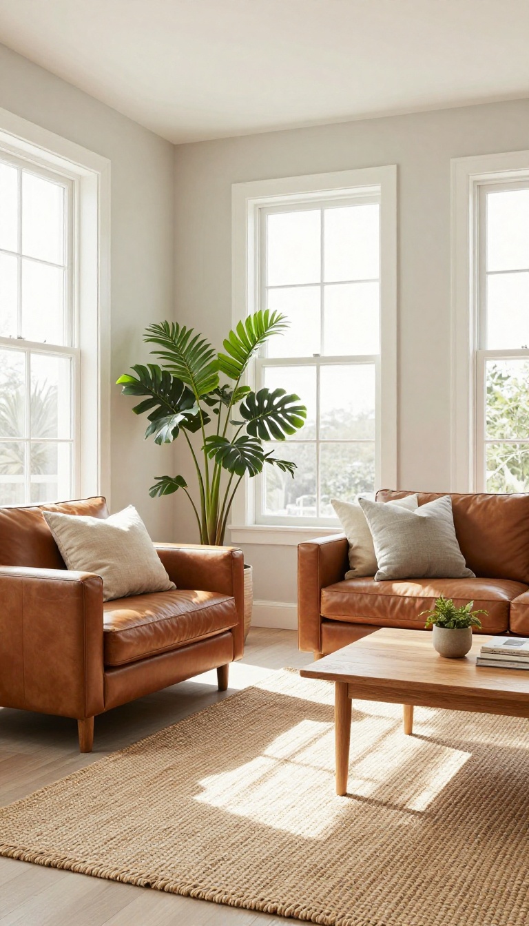 Bright living room with pale greige walls and warm brown leather and wood furniture in natural light