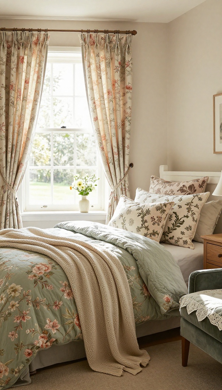English cottage bedroom with layered vintage floral curtains, pillows, and a solid quilt in dusty rose and sage green tones