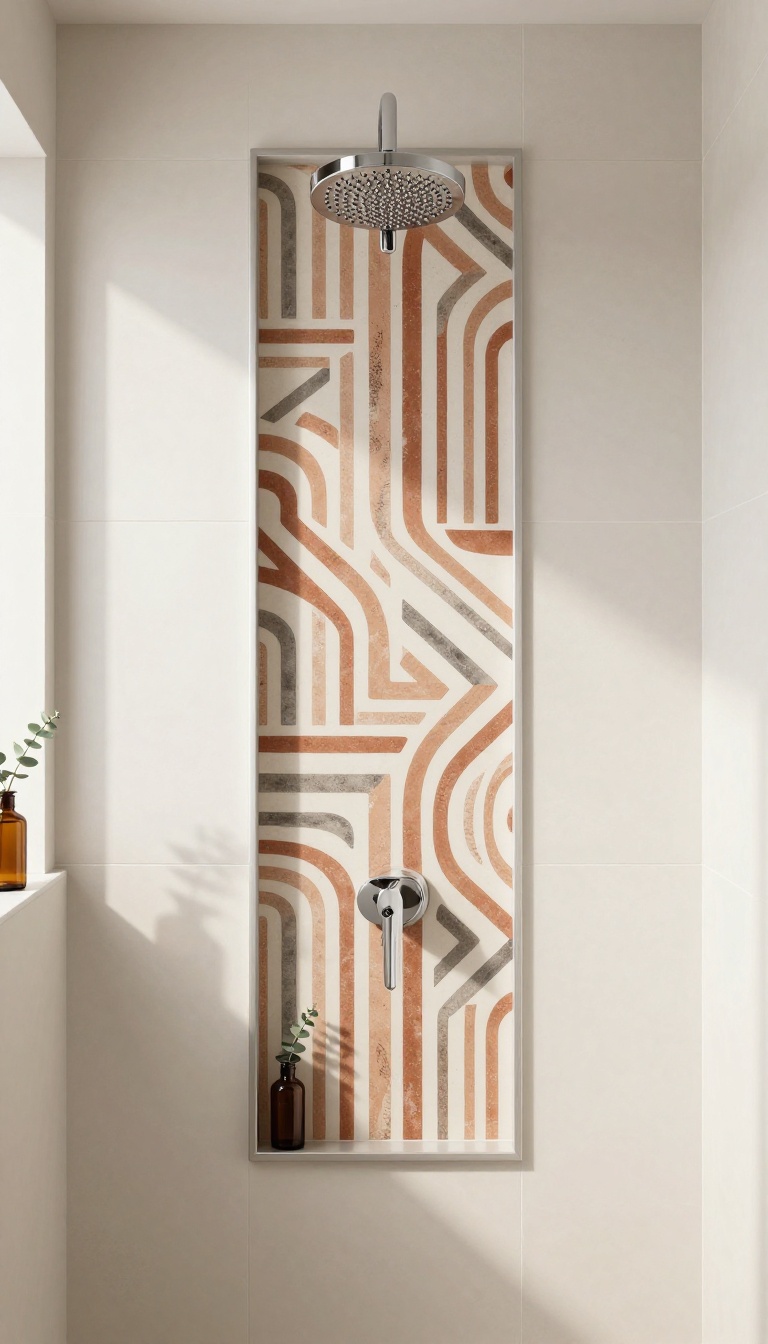 Bright modern shower with a vertical panel of patterned cement tile in terracotta and charcoal, paired with large white matte tiles and a niche lined in the same graphic tile.