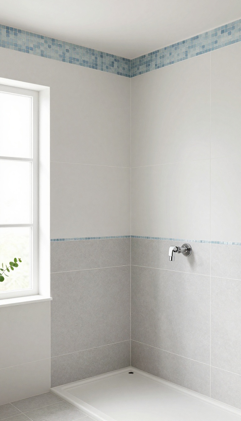 Shower wall with large gray tile capped by a slim blue and white mosaic border where the tile meets painted wall