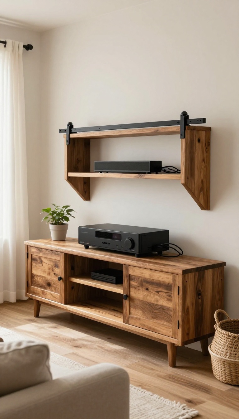 Farmhouse wooden TV stand with sliding barn doors on black metal tracks in a bright cozy living room