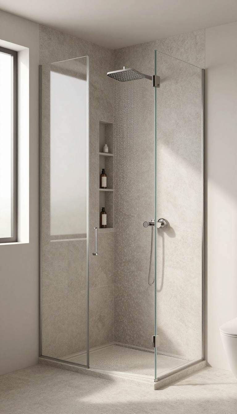 Textured geometric tile floor inside a bright walk-in shower