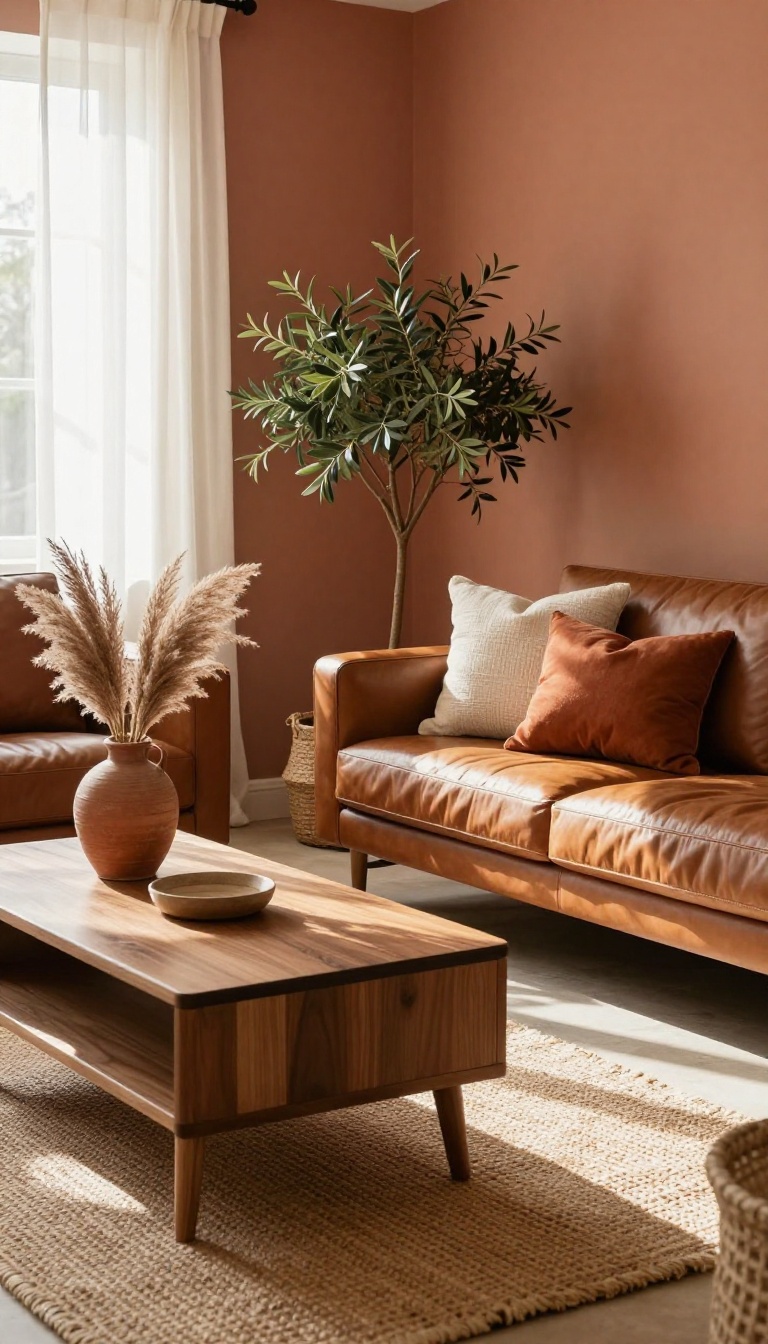 Sunlit living room with soft terracotta walls and brown leather sofa styled with woven textures and Mediterranean decor