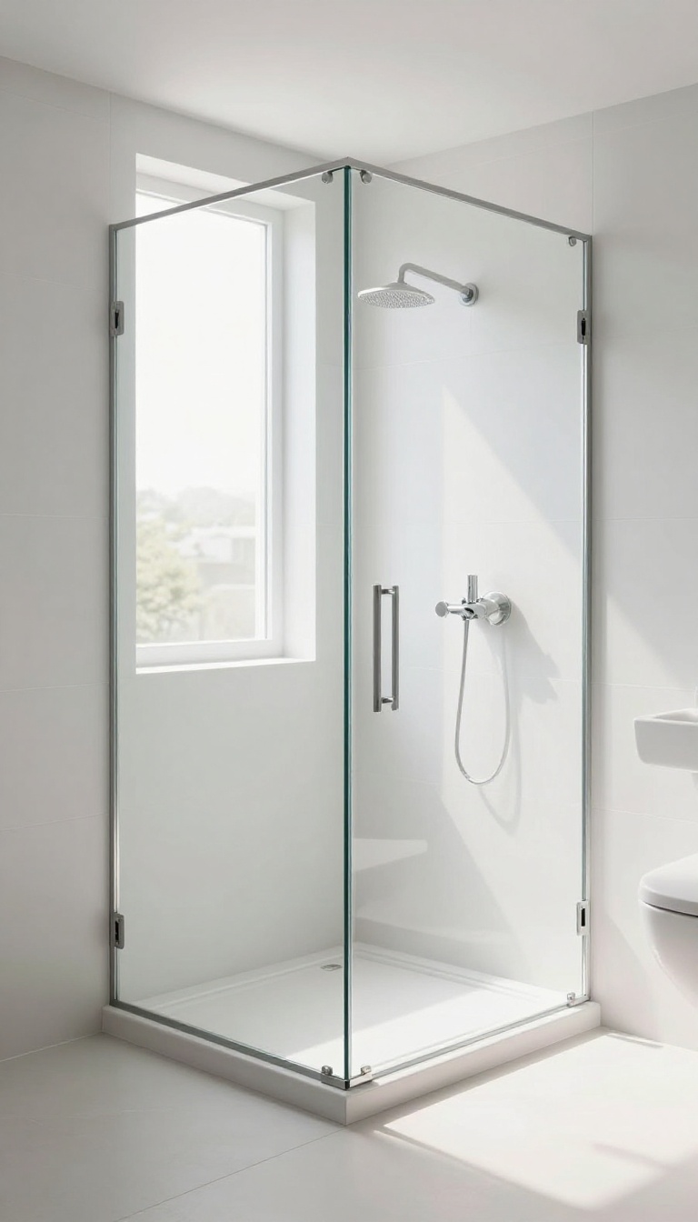 Modern bathroom with frameless glass shower screen, bright and airy, no text overlay