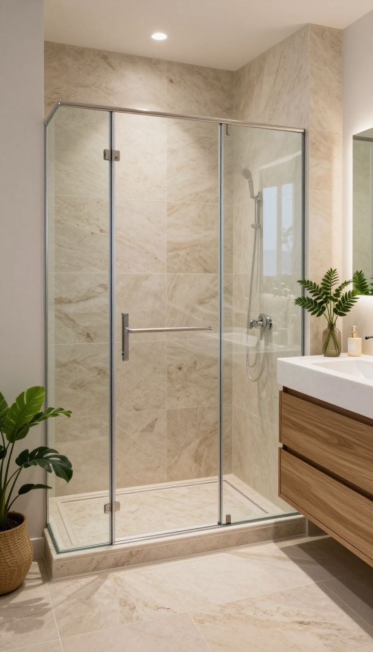 Natural stone shower threshold in a bright bathroom with neutral tiles, wood accents, and plants