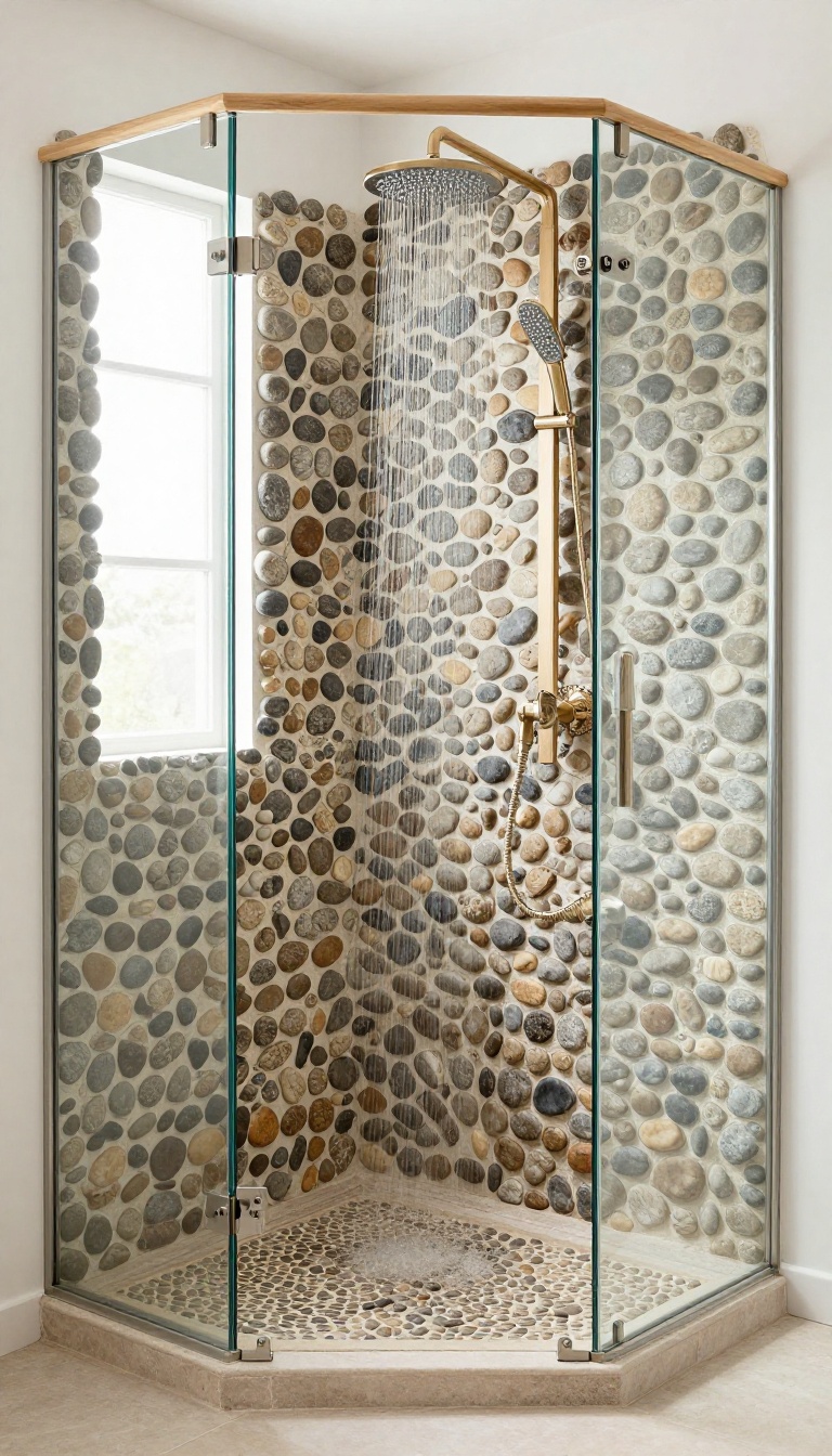 Rustic bathroom shower with a pebble floor designed for a natural foot massage.