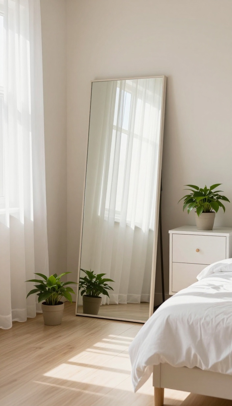 Bright tiny bedroom with a large leaning mirror reflecting window light, pale walls, white bedding, and sheer curtains