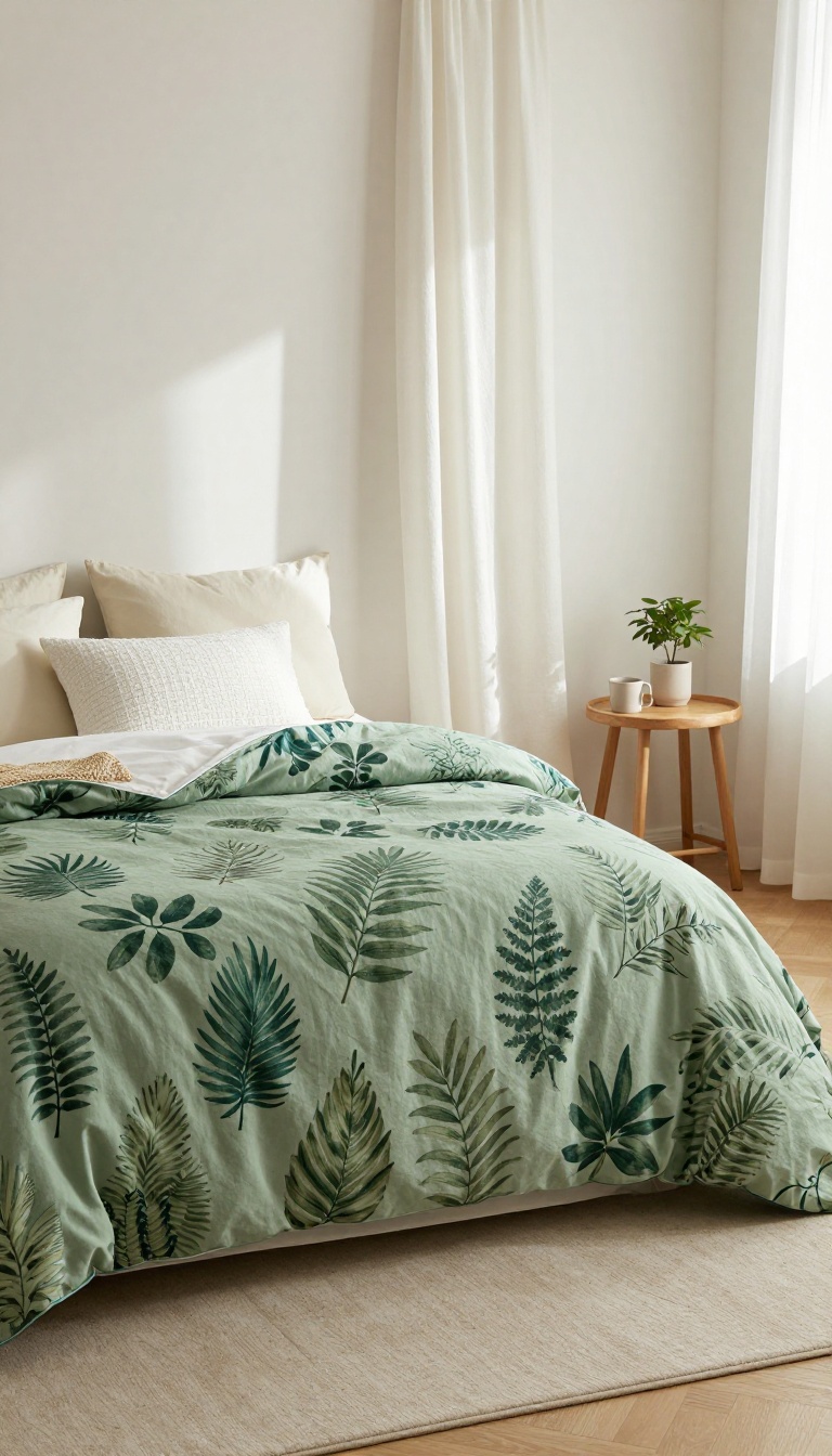 Cozy bedroom with a green botanical print comforter on a neatly made bed, styled with neutral pillows and bright natural light
