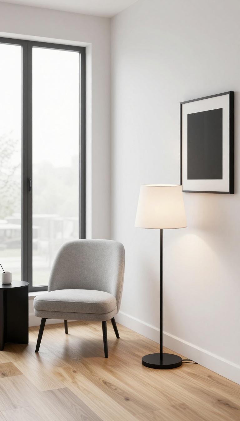 Modern black and white living room corner with a slim black floor lamp and white shade beside a reading chair