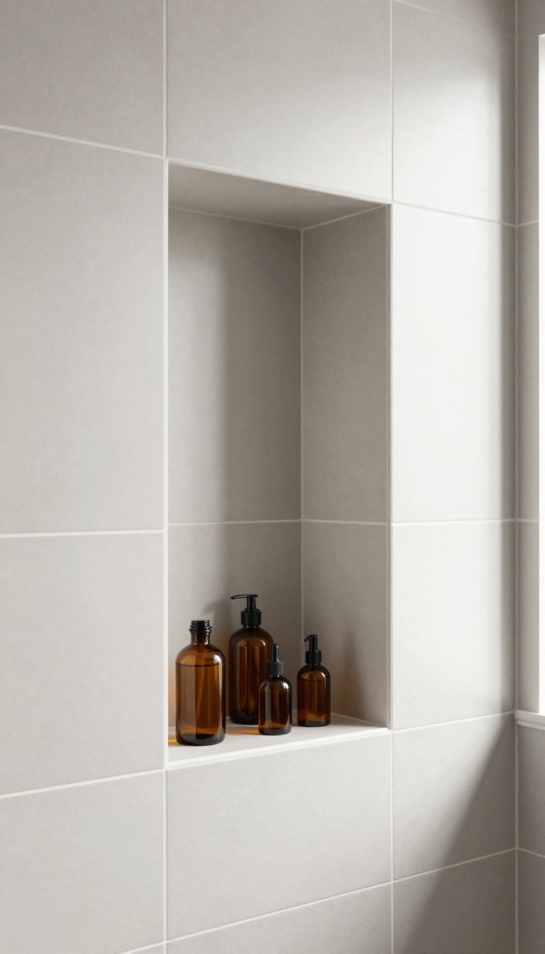 Modern shower niche framed by a slim dark tile border set into light gray wall tile
