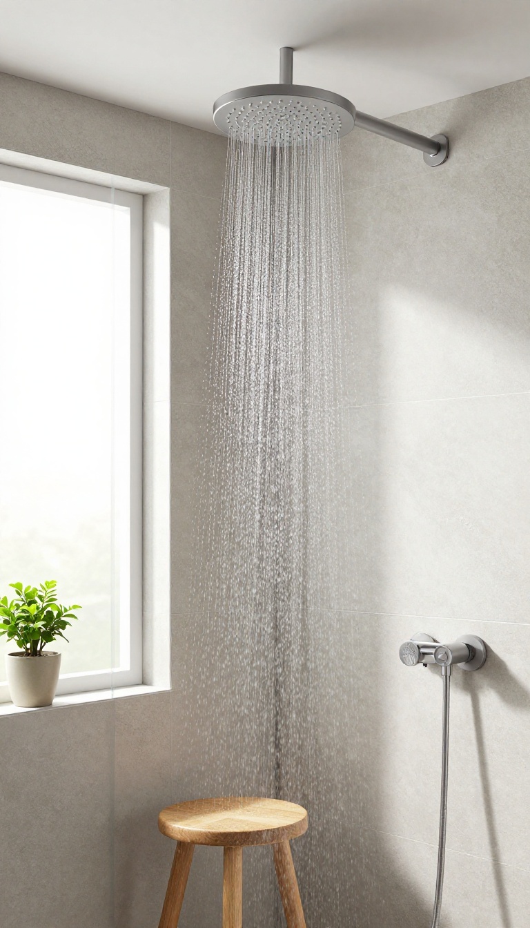 Modern bathroom with a ceiling-mounted rainfall shower head in use, creating a spa-like atmosphere with natural light and minimalist decor.