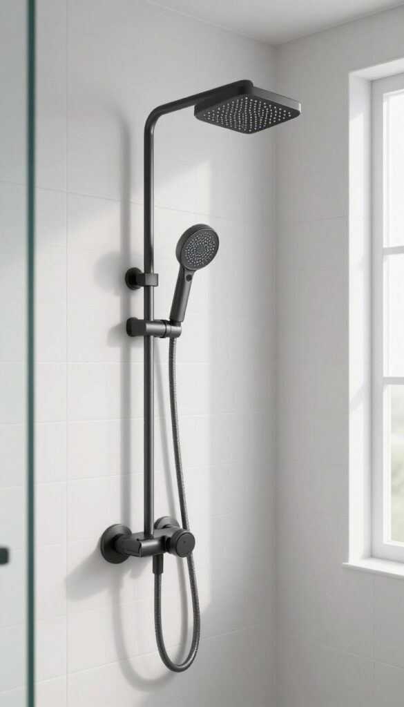 Modern bathroom shower with a handheld shower wand mounted opposite an overhead showerhead, featuring elegant tile and natural light.