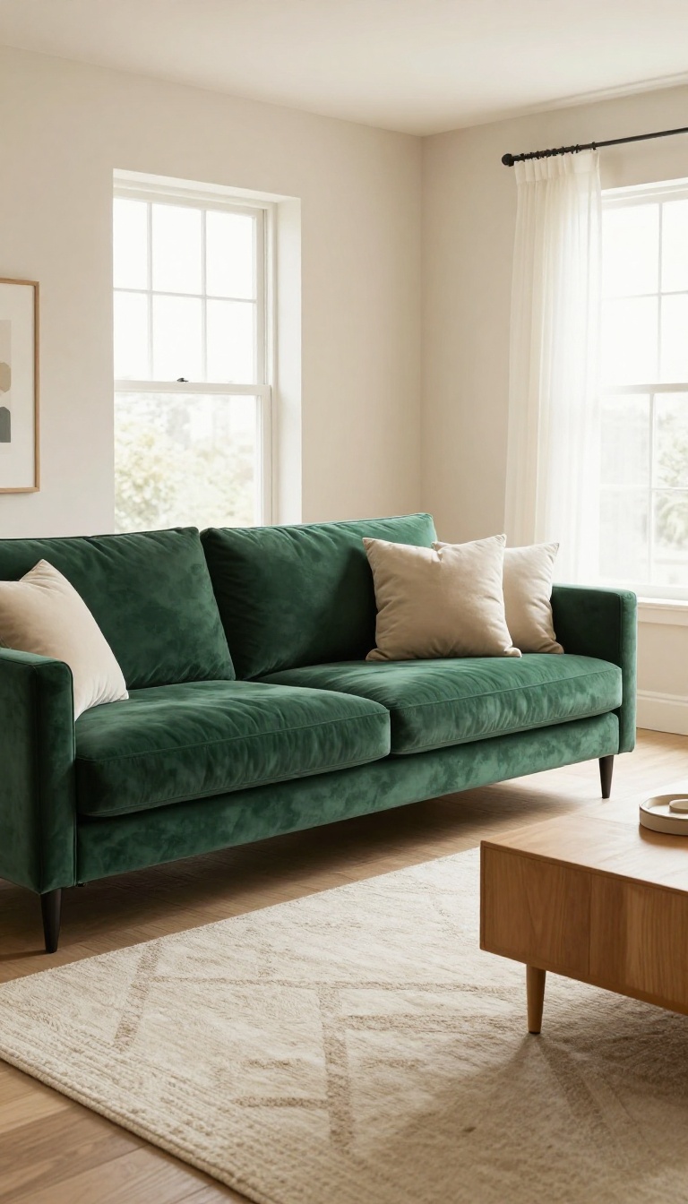 Green velvet couch styled with warm neutral beige walls, cream rug, oatmeal pillows, tan leather ottoman, and a light wood coffee table in a bright living room