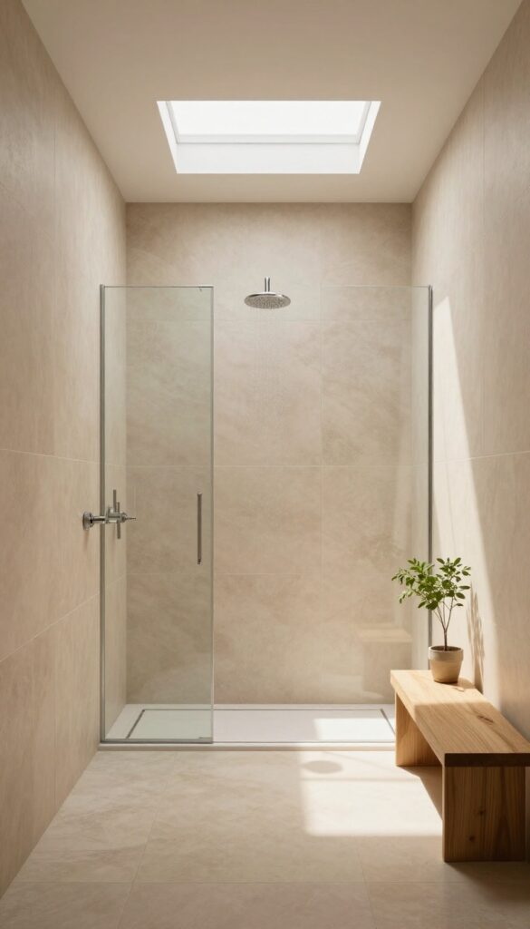 Modern walk-in shower with skylight natural light, warm tiles, and rainfall showerhead