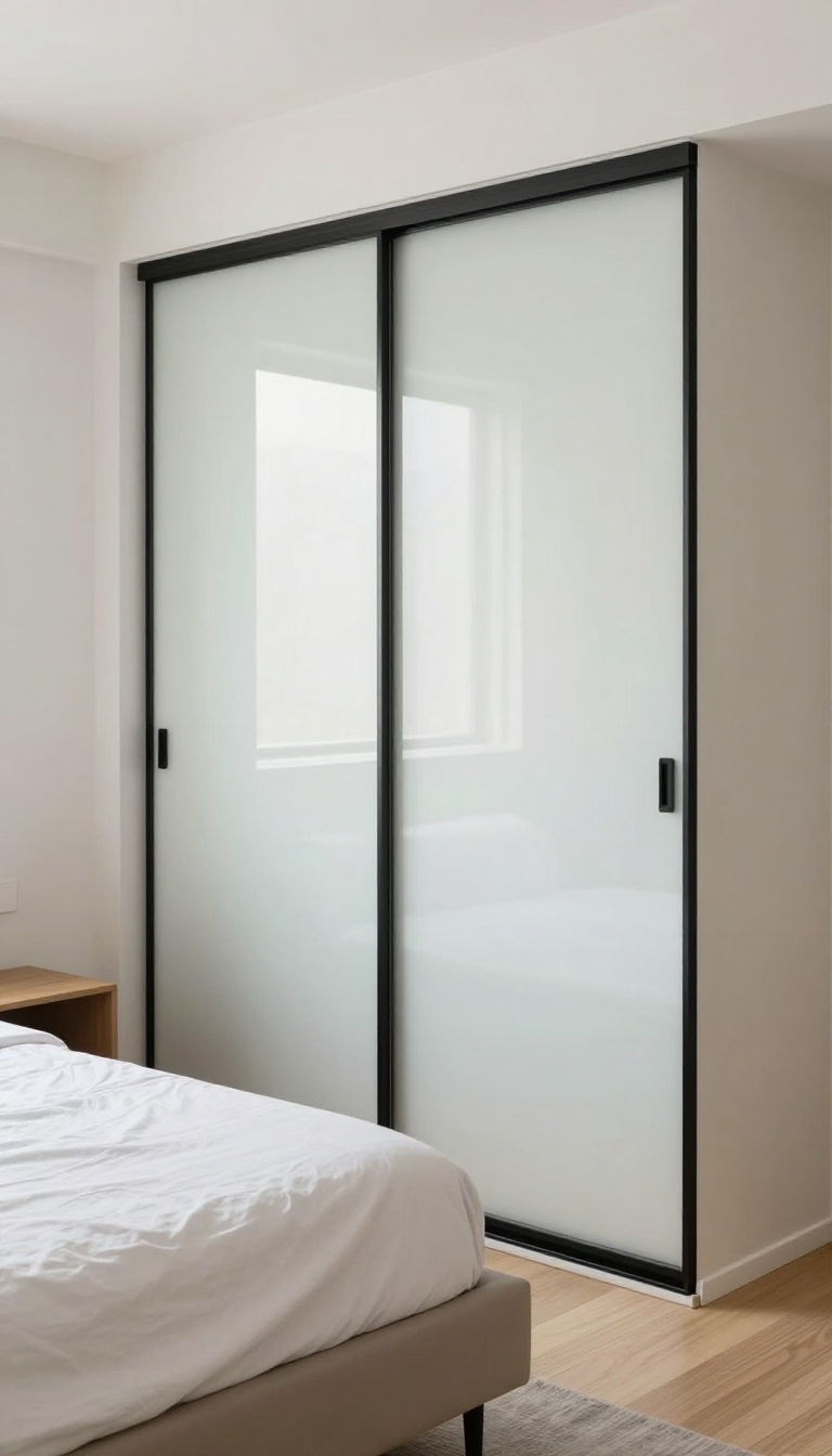 Modern bedroom with a sleek sliding door wardrobe featuring frosted glass panels in a tight space