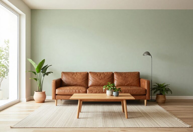 Living room with brown leather sofa and sage green walls, styled with plants and natural light.