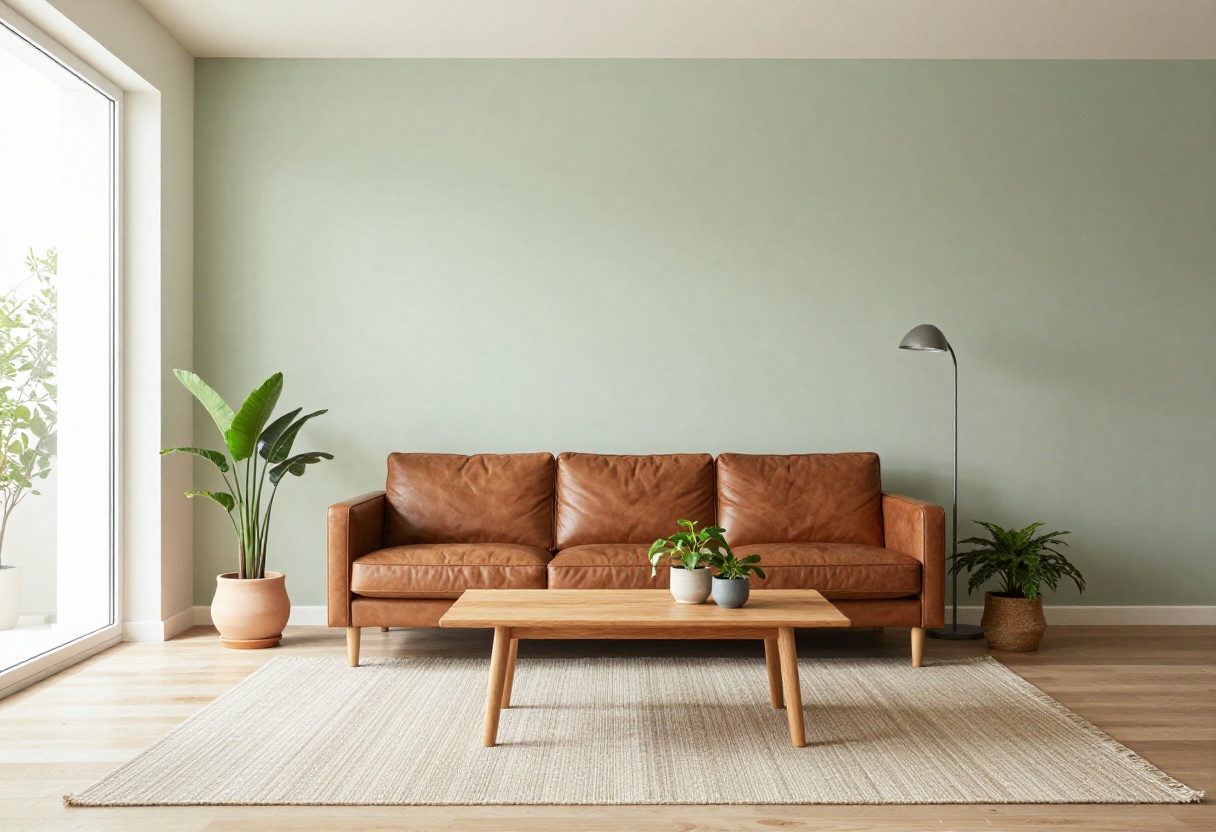Living room with brown leather sofa and sage green walls, styled with plants and natural light.