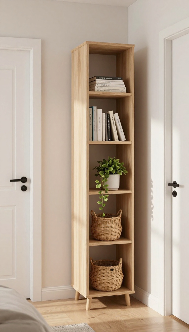 Tall narrow tower bookshelf styled with books and a small plant in a slim gap beside a door in a bright bedroom