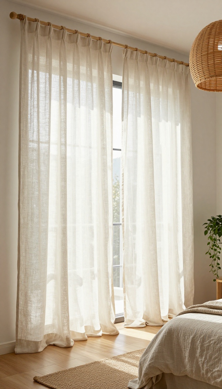 Bright boho bedroom window with flowing off-white linen curtains hung high on a wooden rod, sheer layered panels filtering soft sunlight onto a jute rug and plants