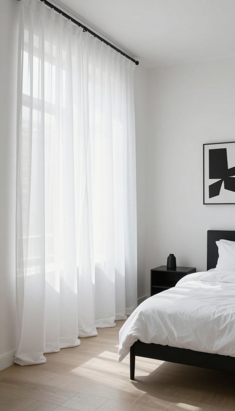 Bright black and white bedroom with sheer white curtains filtering soft daylight across white bedding and black accents