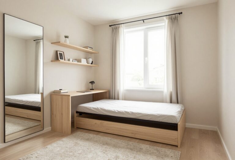 Small spare bedroom with daybed, floating shelves, and fold-down desk maximizing space.