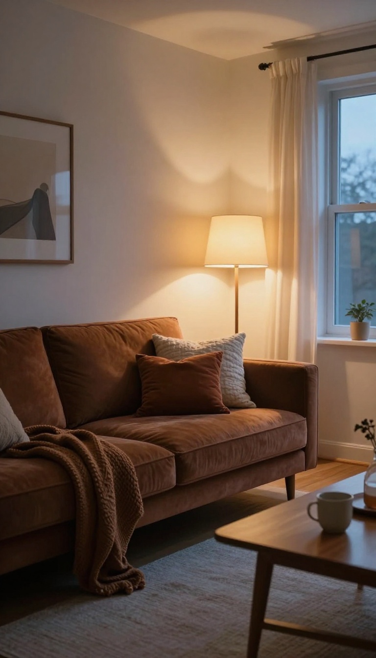 Chocolate brown couch in a warm living room with layered lighting from a floor lamp, table lamp, and dim overhead fixture creating a cozy golden glow