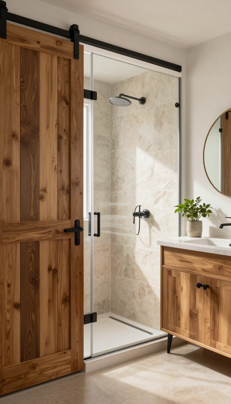 Rustic bathroom with a barn door shower enclosure featuring a wood and frosted glass sliding door on a matte black track.