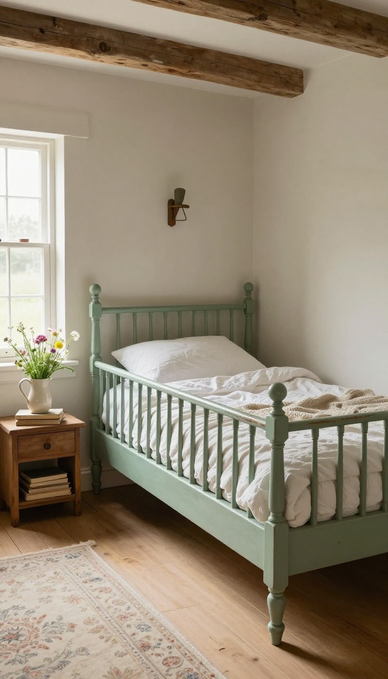 Vintage sage green wooden spindle bed with patchwork quilt in a sunlit English cottage bedroom with weathered oak nightstand and wildflowers