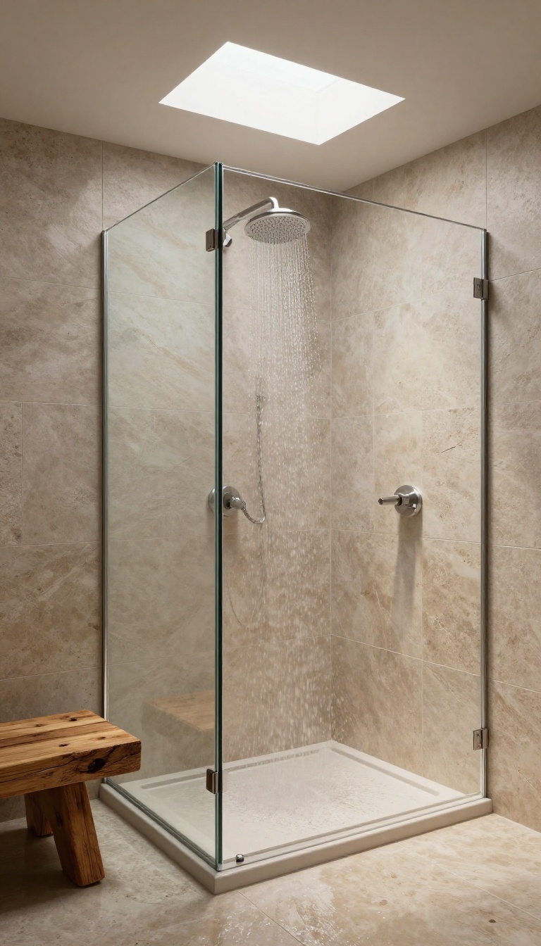 Modern basement shower illuminated by a skylight above, creating a bright, spa-like atmosphere