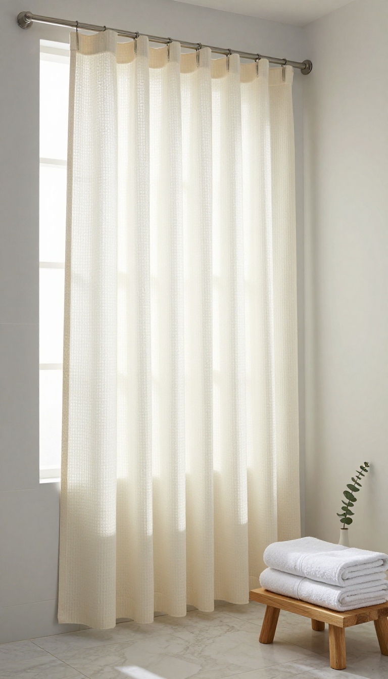Cream waffle weave shower curtain hanging in a bright spa-style bathroom with soft natural light and folded white towels