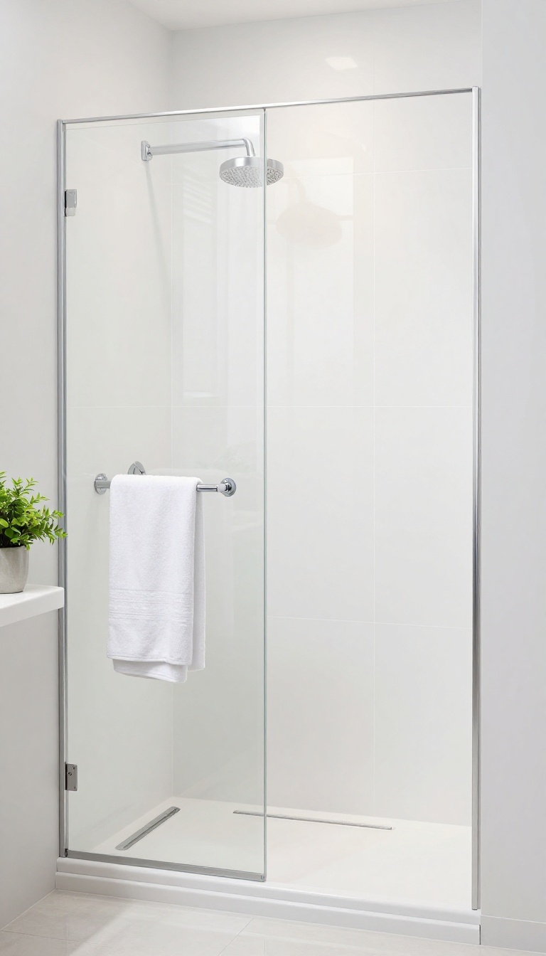 Bright white glossy acrylic shower wall panels in a small modern bathroom with chrome fixtures and natural light