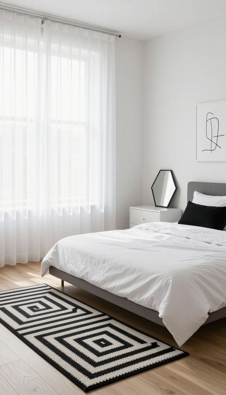 Bright minimalist black and white bedroom with a geometric chevron rug, hexagonal mirror, and abstract line art above a white nightstand