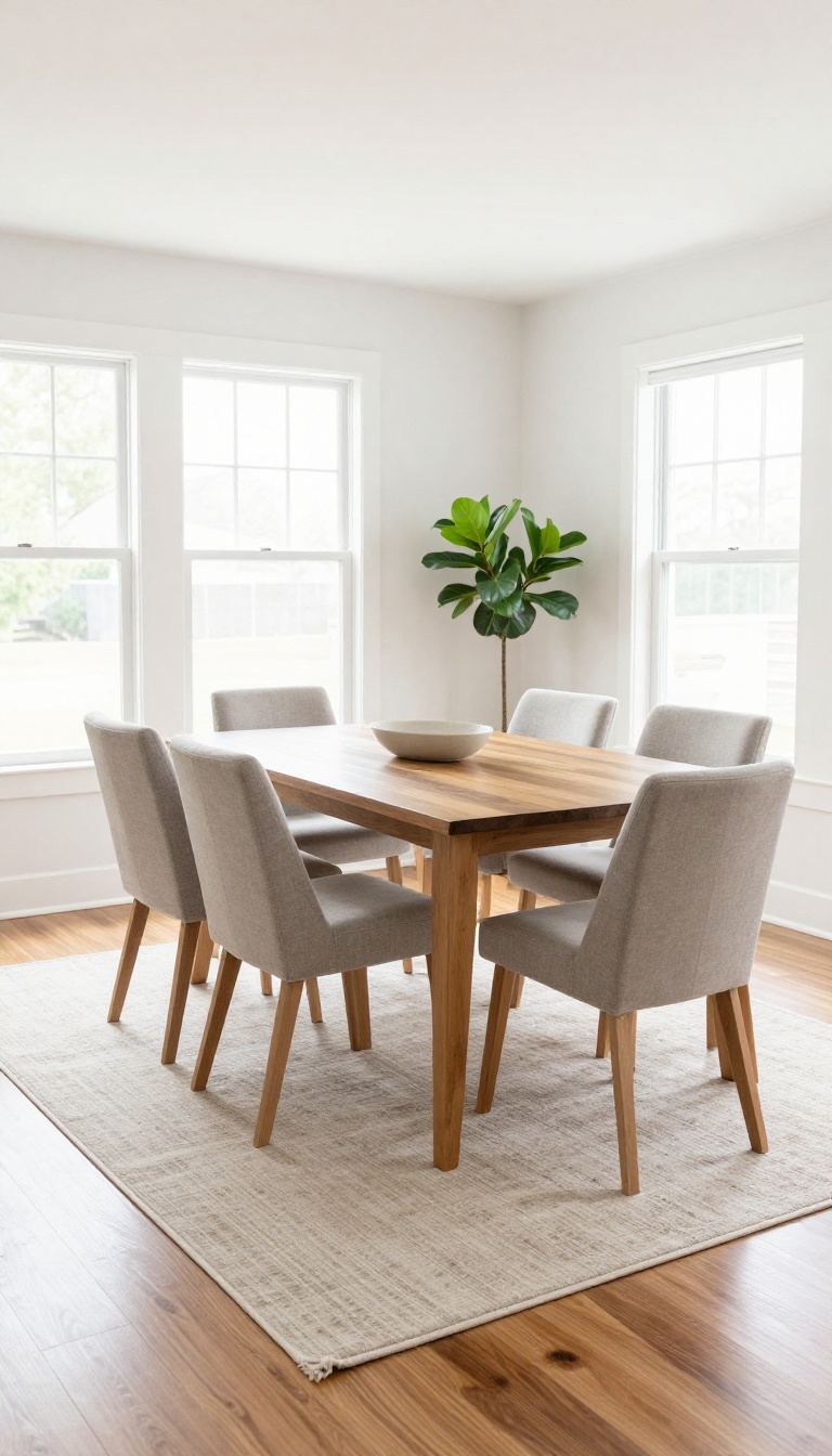 Open concept living room and dining area with a rug under the dining table defining the eating zone and a second rug anchoring the lounge area
