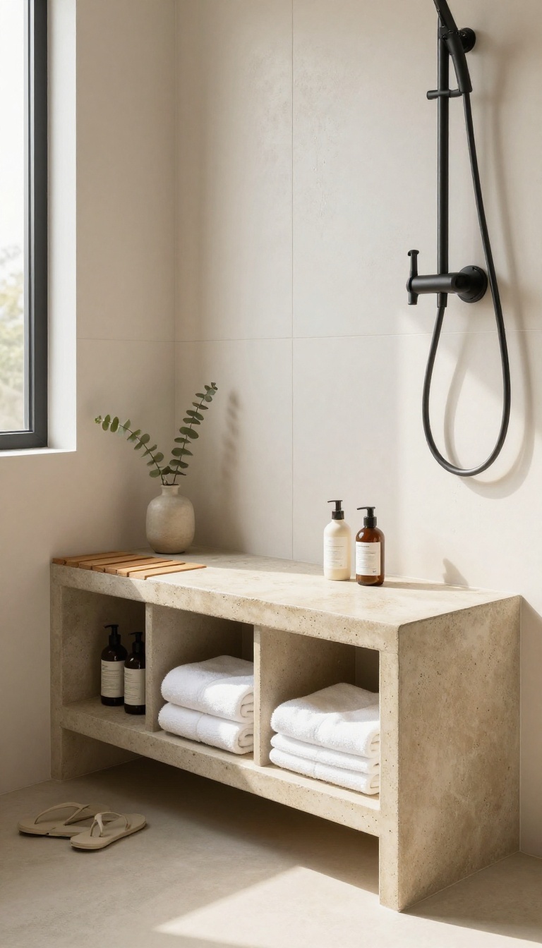 Modern shower with a built-in concrete bench featuring open niches for towels, bottles, and flip-flops, lit by bright natural light