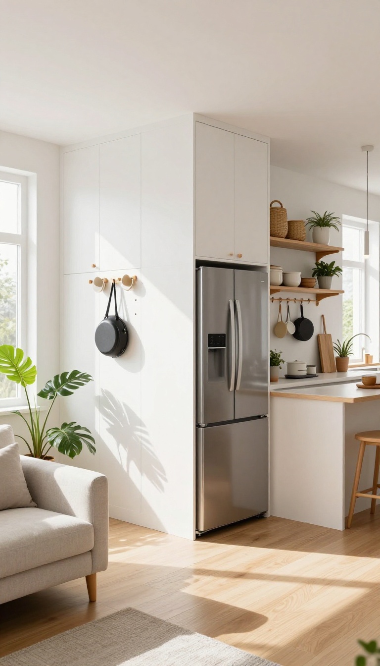Small living room and kitchen with floor-to-ceiling cabinets, wall pegboard, and ceiling-mounted pot rack using vertical storage to keep floors clear