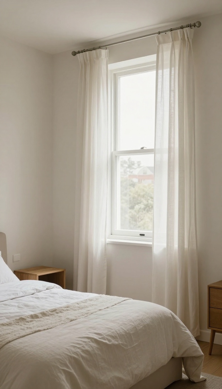 Small spare bedroom with floor-to-ceiling curtains hung high and wide near the ceiling to make the window and room feel larger
