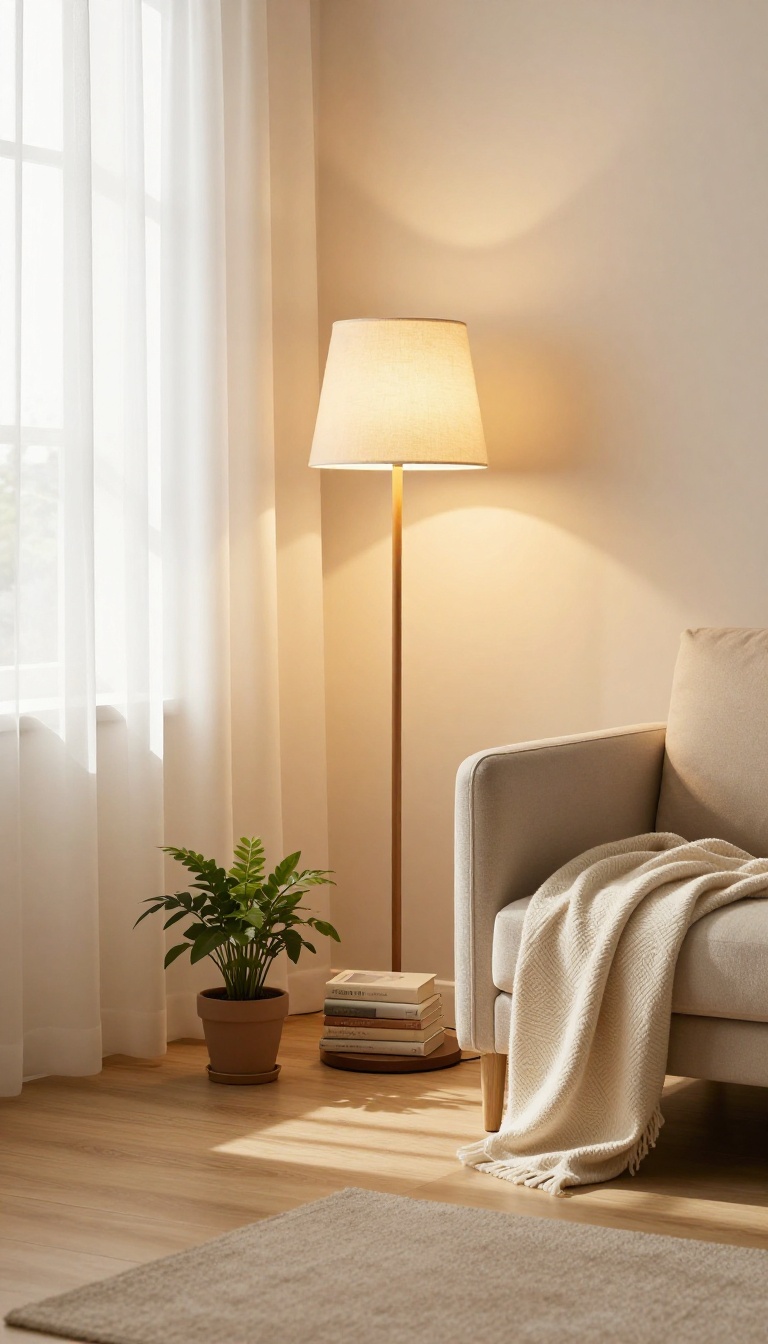 Cozy small living room corner with a slim floor lamp casting warm light against the wall beside an armchair, plant, and stack of books