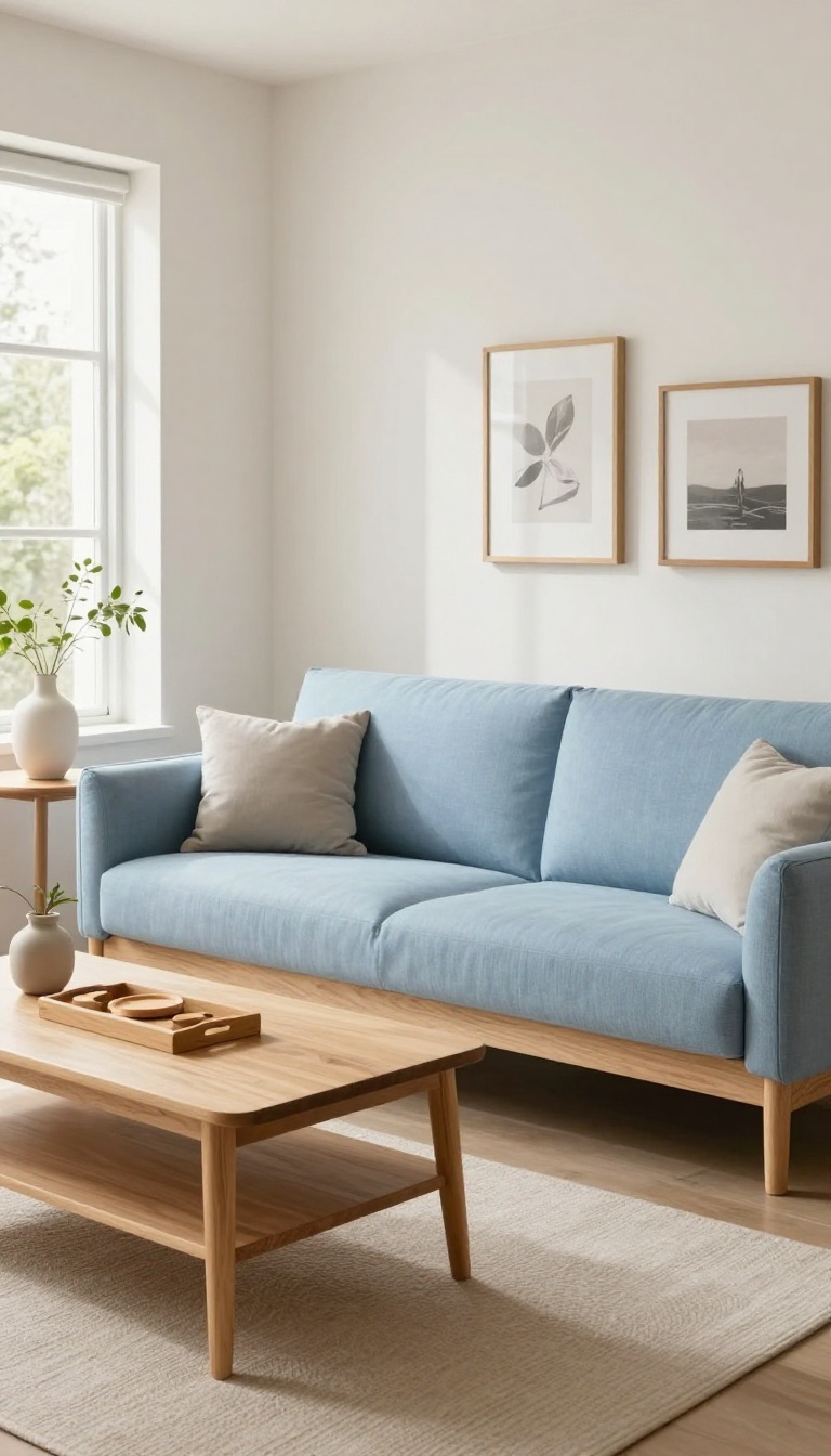 Light blue couch living room with warm oak coffee table and walnut side table, styled with wood accents in bright natural light