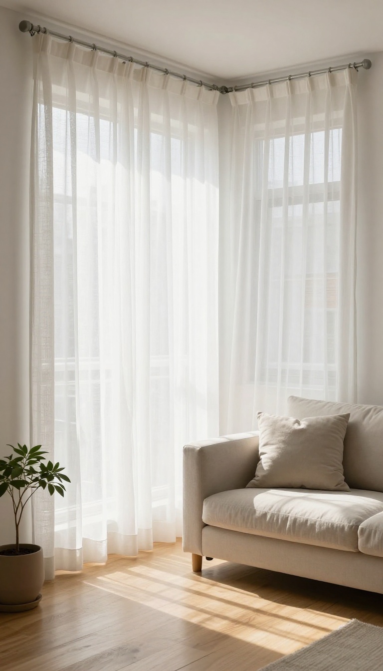 Bright small living room corner with sheer white curtains and a woven shade letting in soft natural daylight