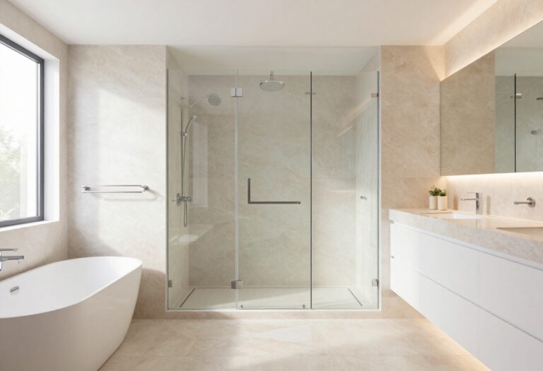 Modern bathroom with frameless glass shower door and natural stone tiles